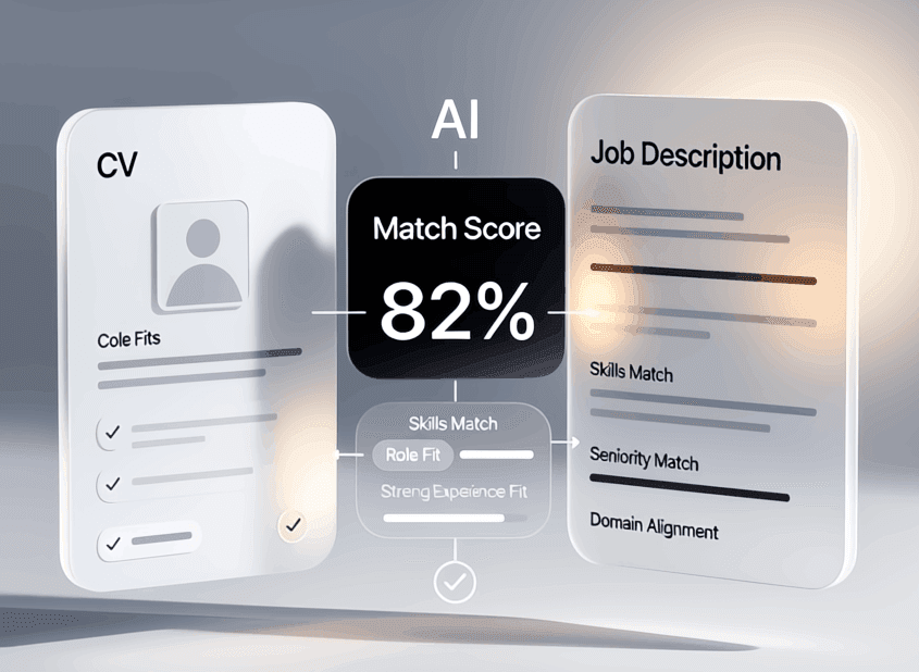 Quick Match preview showing ATS scoring and job match gap analysis.
